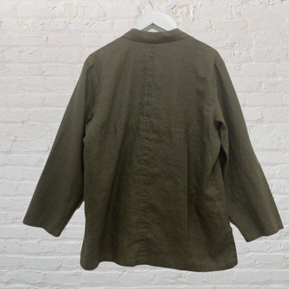 Max Studio Shirt Size M 100% Linen Olive Green Button Front 3/4 Sleeve - Picture 3 of 13